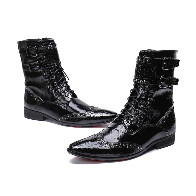 Men's Mid-calf Boot Leather Buckle & Rivet Decorat