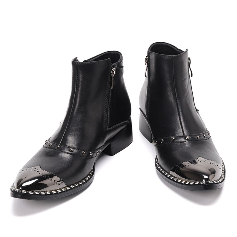 Men Zip Closure Flat Heel Genuine Leather Metal Po