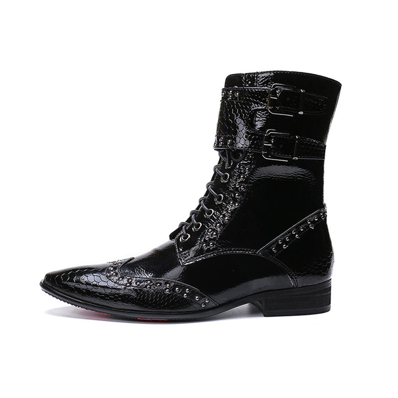 Men's Mid-calf Boot Leather Buckle & Rivet Decorat